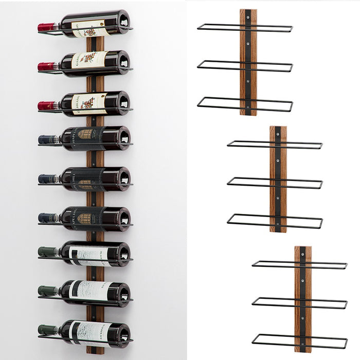 Set 3 Portabottiglie da Muro in Ferro e Legno Stile Industriale per vino da 750 ml