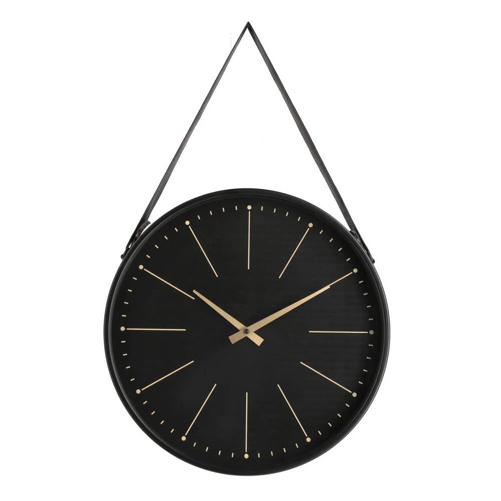 Orologio da Parete Rotondo Nero con Cinghia in Pelle Dorato - SIL