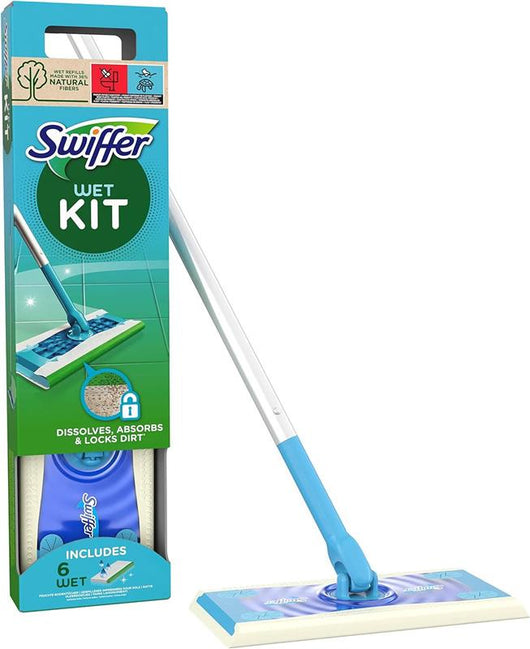 SWIFFER STARTER KIT SCOPA LAVAPAVIMENTI PER PAVIMENTI IN LEGNO E ALTRI MATERIALI -1 SCOPA + 6 PANNI LAVAPAVIMENTI