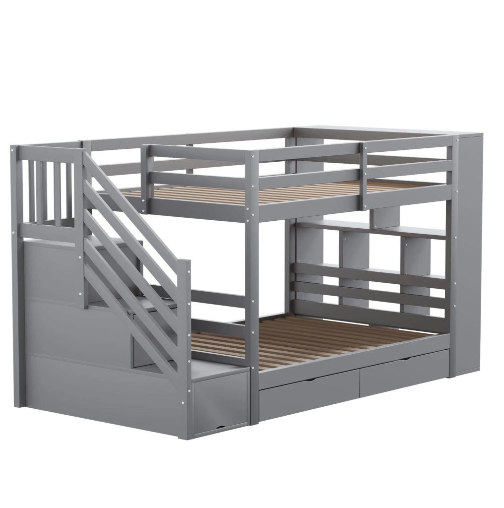 Letto a castello per bambini 90x200 cm con scala contenitore e cassetti; grigio