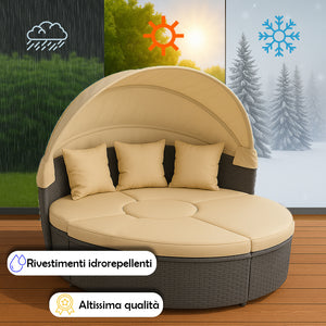 Letto Isola in Rattan Grigio Modulabile Salotto Esterni Giardino Tetto Parasole