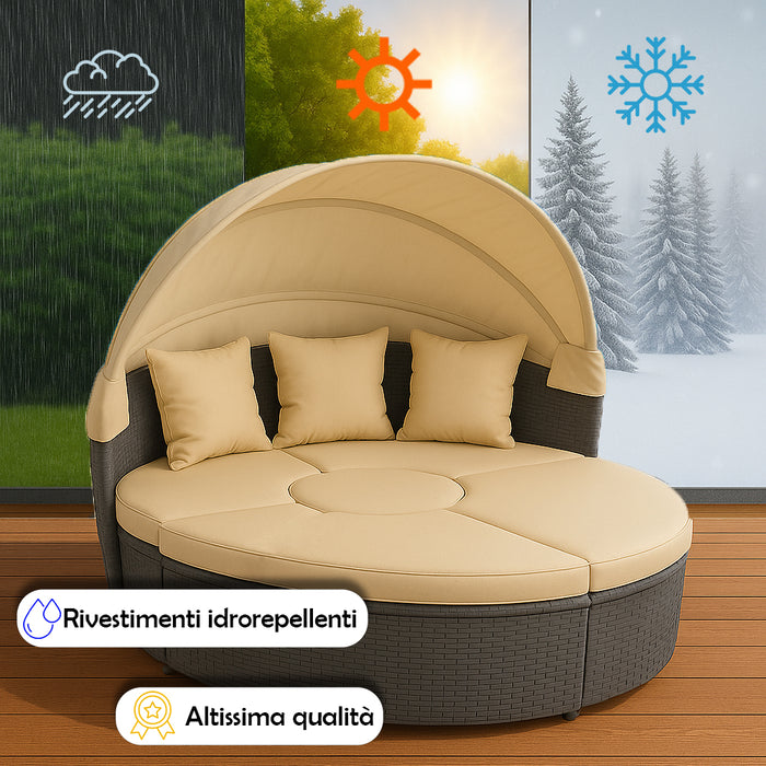 Letto Isola in Rattan Grigio Modulabile Salotto Esterni Giardino Tetto Parasole