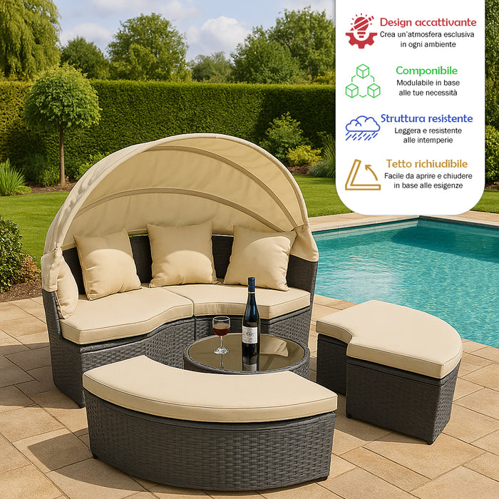 Letto Isola in Rattan Grigio Modulabile Salotto Esterni Giardino Tetto Parasole