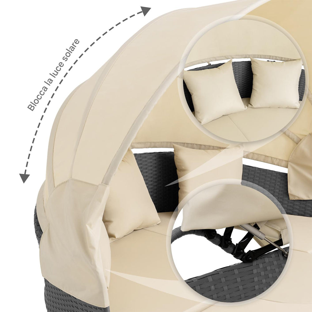 Letto Isola in Rattan Grigio Modulabile Salotto Esterni Giardino Tetto Parasole