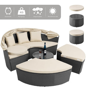 Letto Isola in Rattan Grigio Modulabile Salotto Esterni Giardino Tetto Parasole