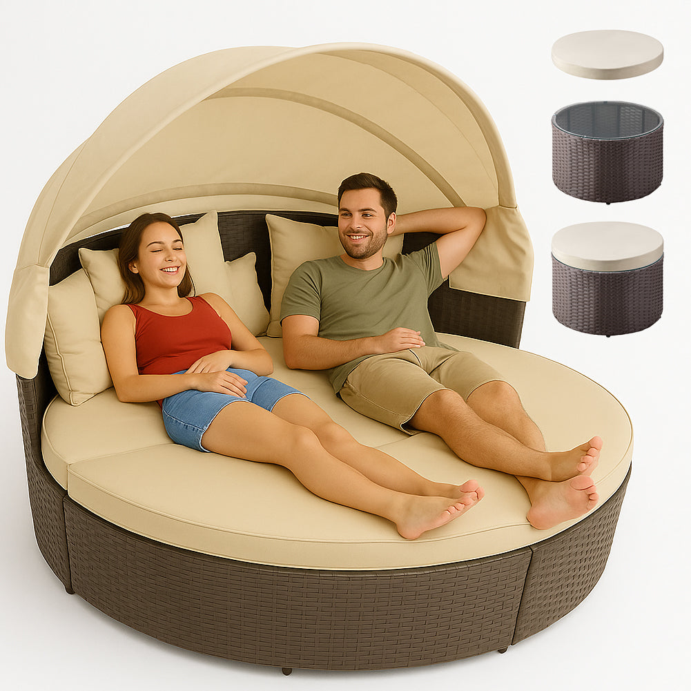 Letto Isola in Rattan Marrone Modulabile Salotto Esterni Giardino Tetto Parasole