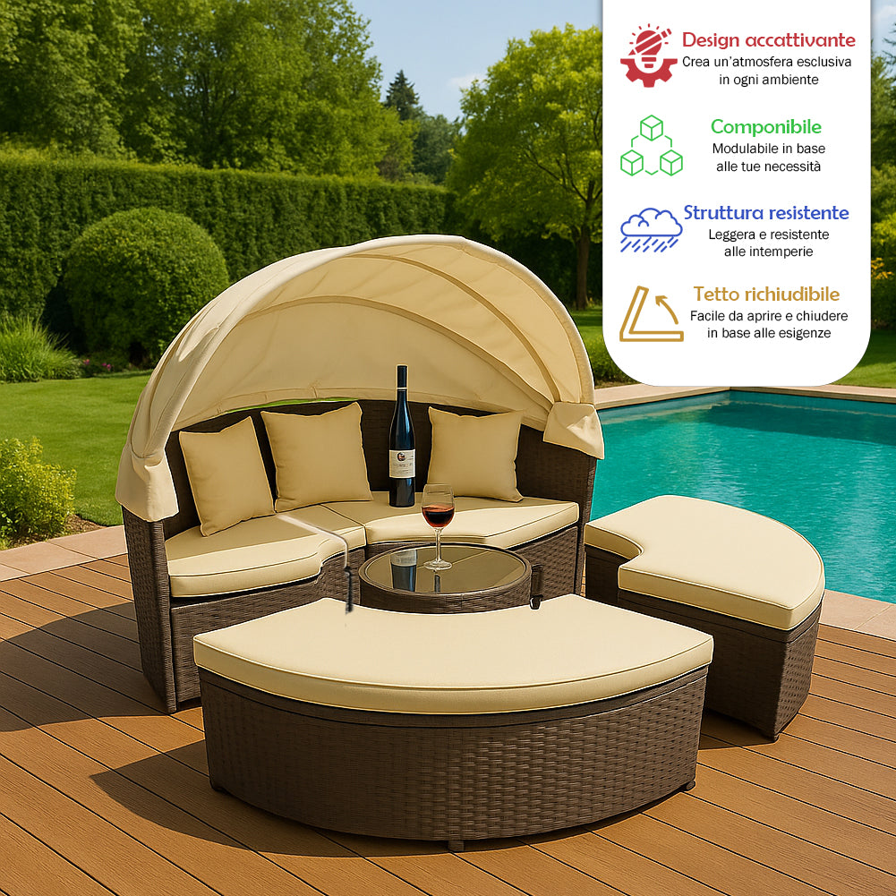 Letto Isola in Rattan Marrone Modulabile Salotto Esterni Giardino Tetto Parasole