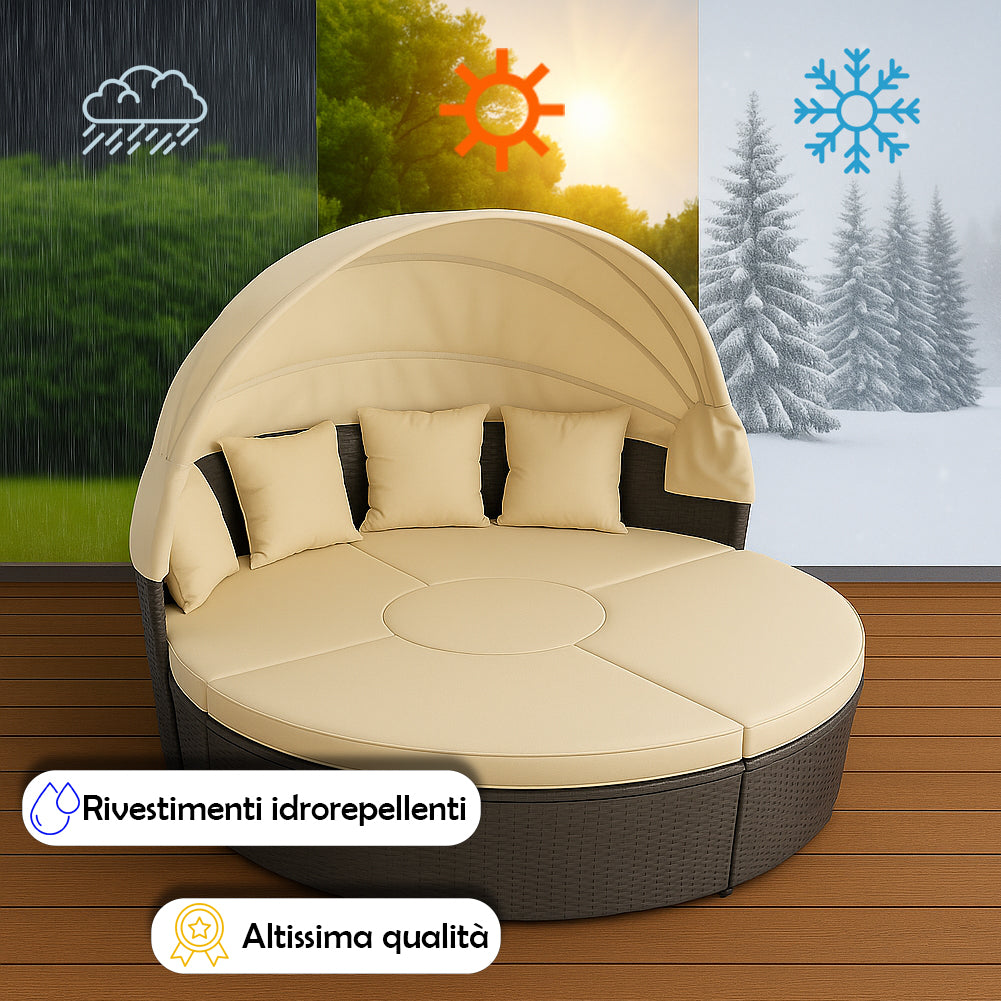 Letto Isola in Rattan Marrone Modulabile Salotto Esterni Giardino Tetto Parasole