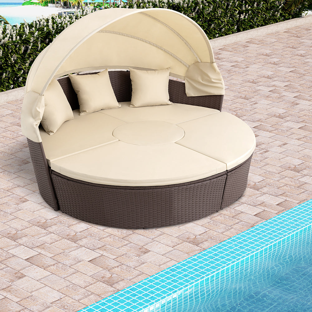 Letto Isola in Rattan Marrone Modulabile Salotto Esterni Giardino Tetto Parasole