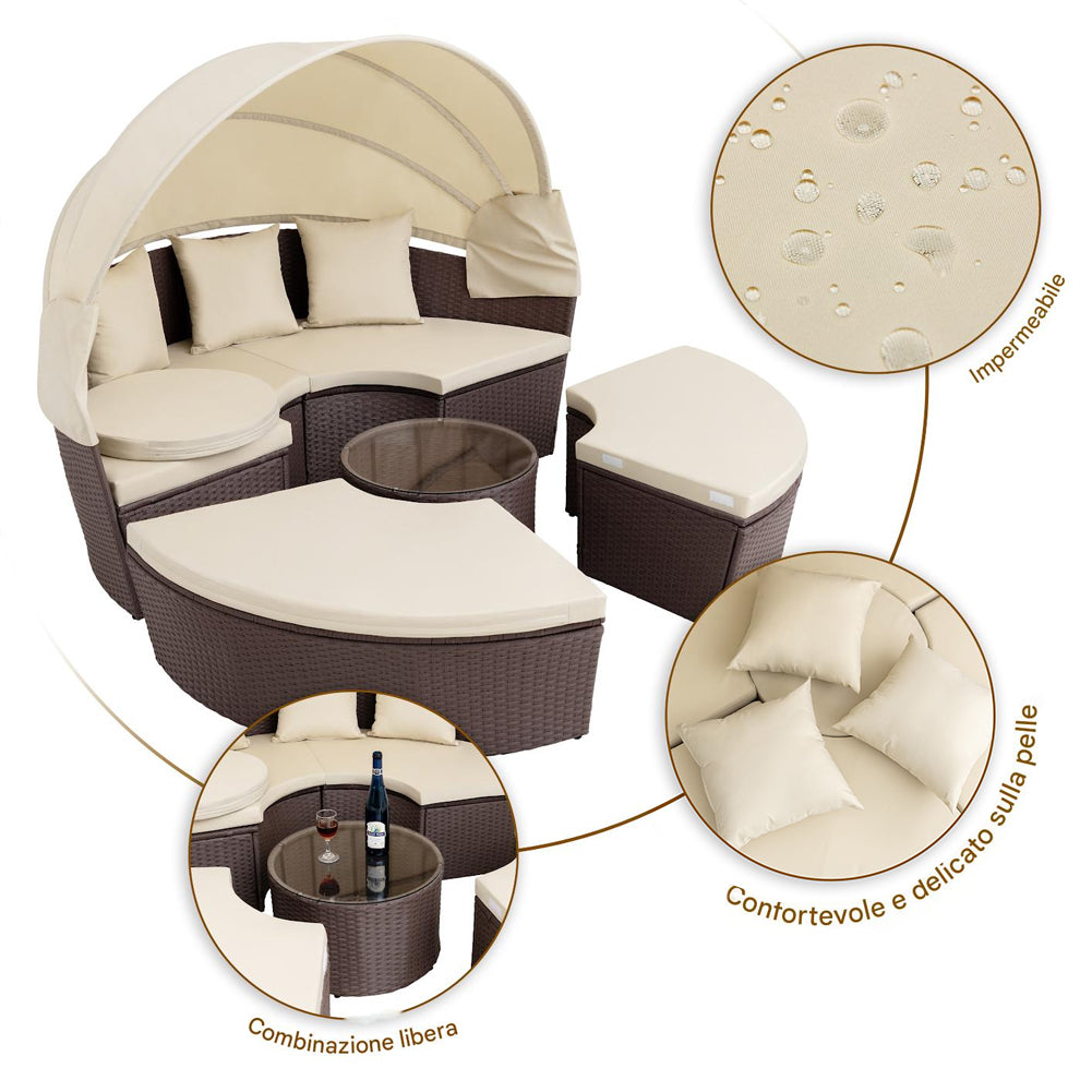 Letto Isola in Rattan Marrone Modulabile Salotto Esterni Giardino Tetto Parasole