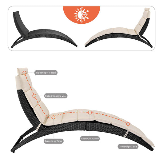 Lettino a Sdraio Nero Pieghevole Salvaspazio con Cucino da Esterno Giardino