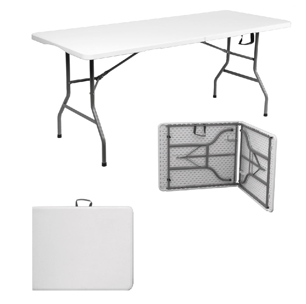 Tavolo Pieghevole in Resina HDPE 180x70 H74cm Richiudibile Salvaspazio Bianco