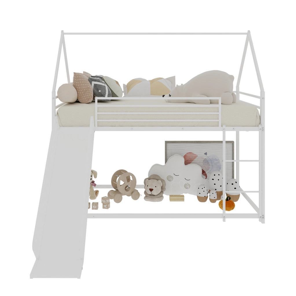 Letto a castello per bambini in metallo bianco con scivolo