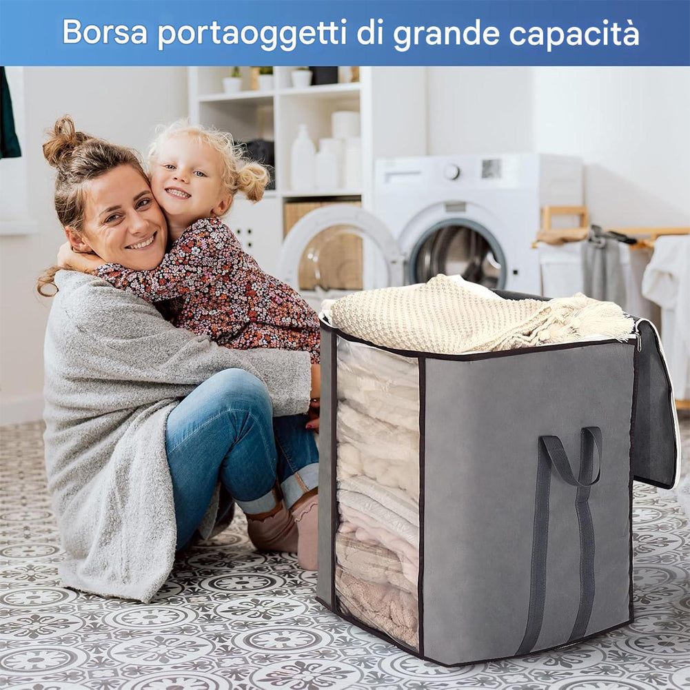Set 4 Sacchetti Contenitori Extra Large 120L Manici Rinforzati Organizer Casa