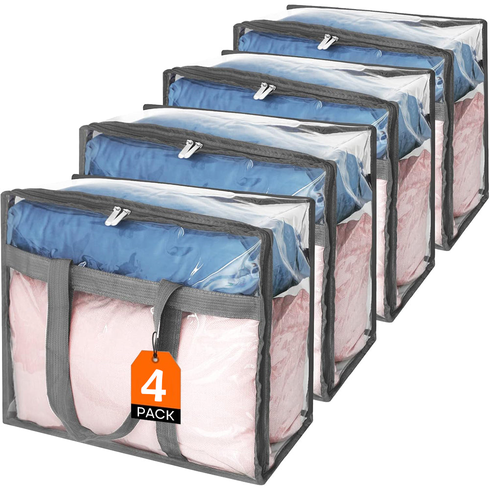 Set 4 Sacchetti Trasparenti in PVC 45x38x23 cm con Cerniere e Manici Rinforzati