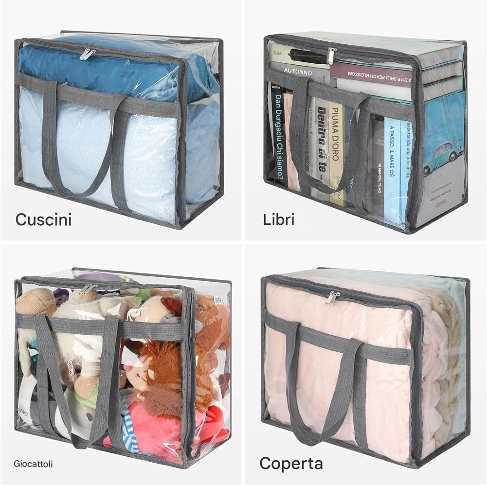 Set 4 Sacchetti Trasparenti in PVC 45x38x23 cm con Cerniere e Manici Rinforzati