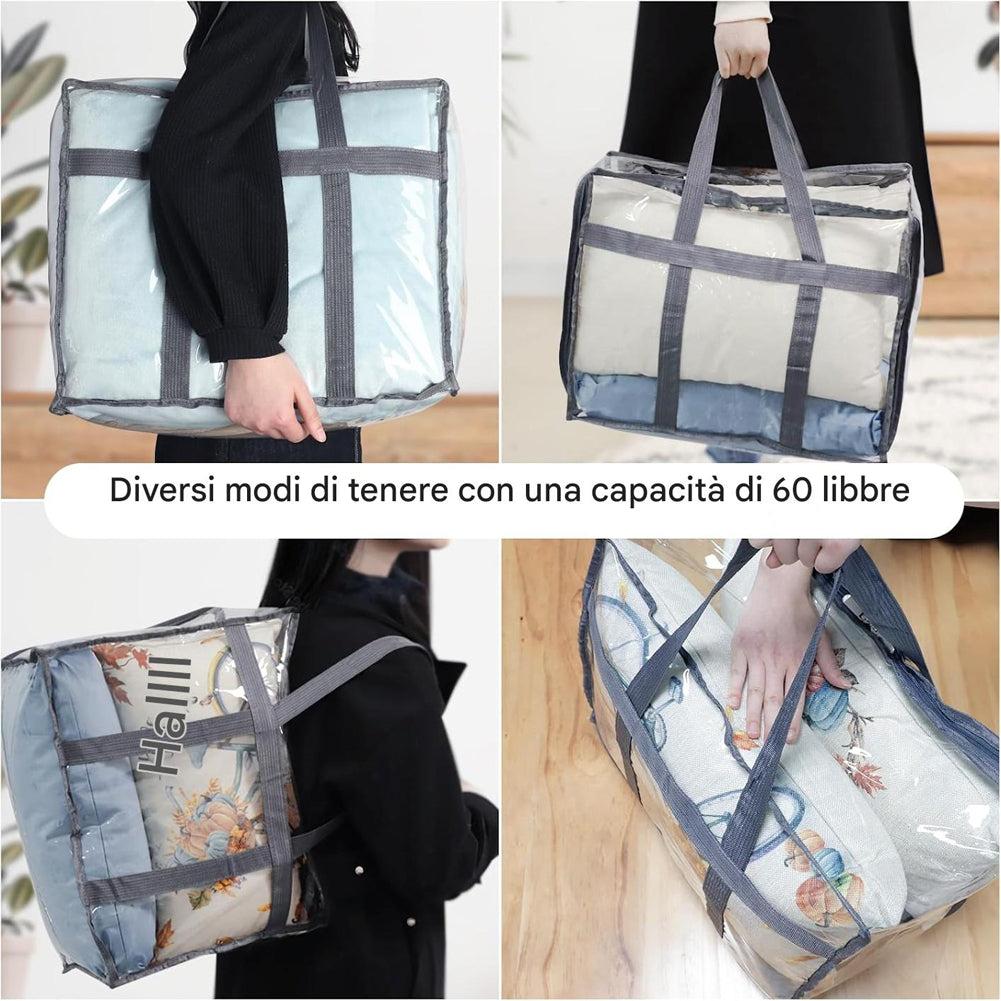 Set 4 Sacchetti Trasparenti in PVC 45x38x23 cm con Cerniere e Manici Rinforzati