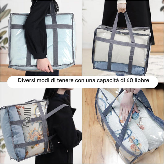 Set 4 Sacchetti Trasparenti in PVC 45x38x23 cm con Cerniere e Manici Rinforzati