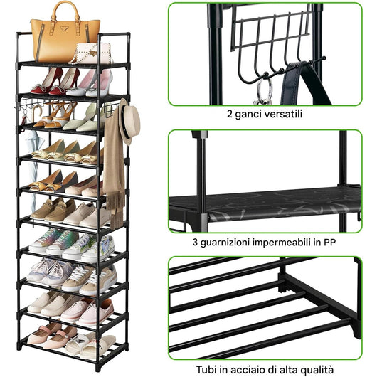 Scarpiera a 10 Ripiani Modulabile Nera Organizer per Scarpe Capacità 24 Paia