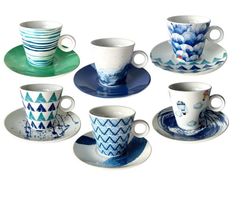 MA MAISON SET 6 TAZZINE DA CAFFÈ CON PIATTINO FANTASIA CON LE TONALITÀ DEL CELESTE