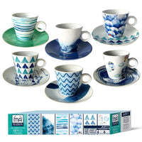 MA MAISON SET 6 TAZZINE DA CAFFÈ CON PIATTINO FANTASIA CON LE TONALITÀ DEL CELESTE