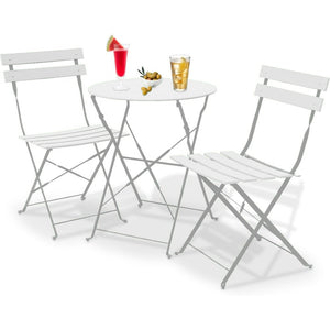 Set 3 Pezzi Giardino Tavolo con 2 Sedie Bistrot Bianco Pieghevole Modello Parigi