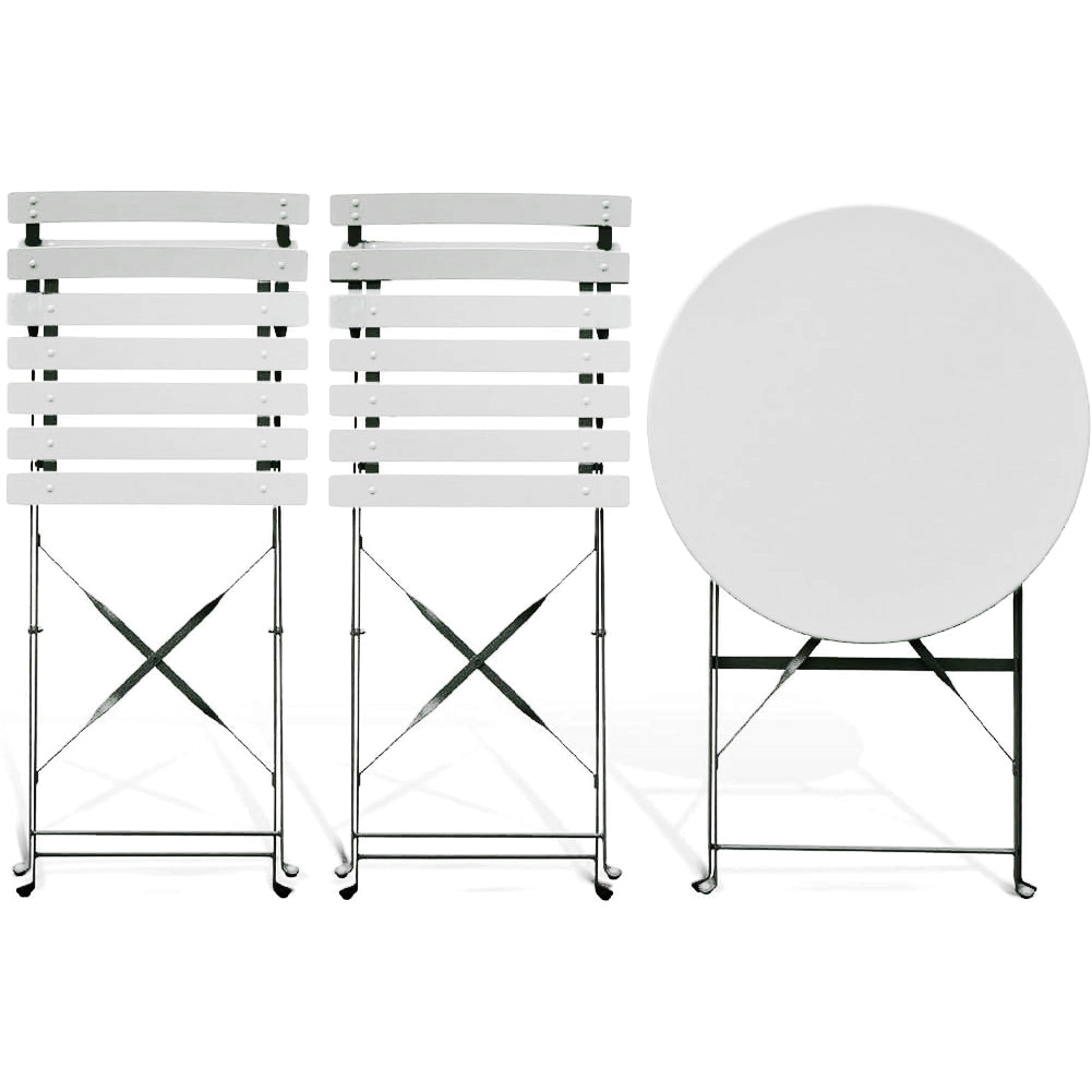 Set 3 Pezzi Giardino Tavolo con 2 Sedie Bistrot Bianco Pieghevole Modello Parigi