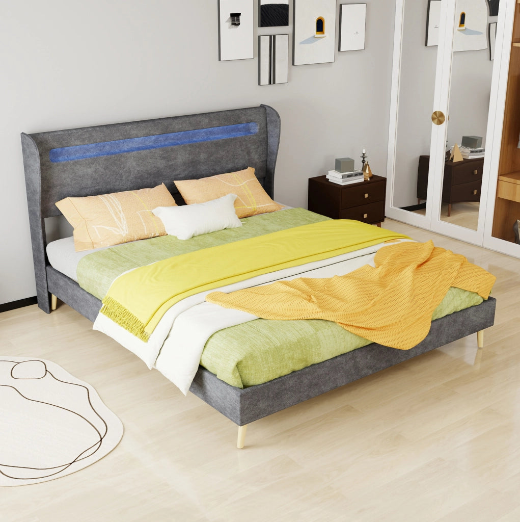 Letto basso 160x200 cm con testiera regolabile e LED multicolore; grigio