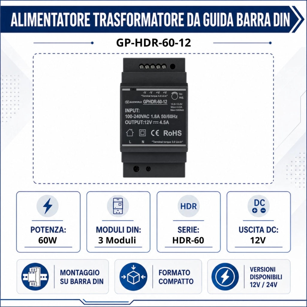 Alimentatore Trasformatore Da Guida Barra DIN 60W, 3 Moduli, Serie HDR-60, Disponibili DC 12V 24V (DC 12V)