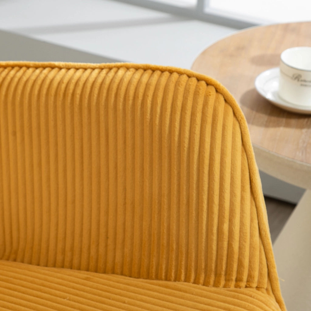 Fauteuil a dondolo con rivestimento in velluto a coste, schienale alto e braccioli, struttura in acciaio giallo