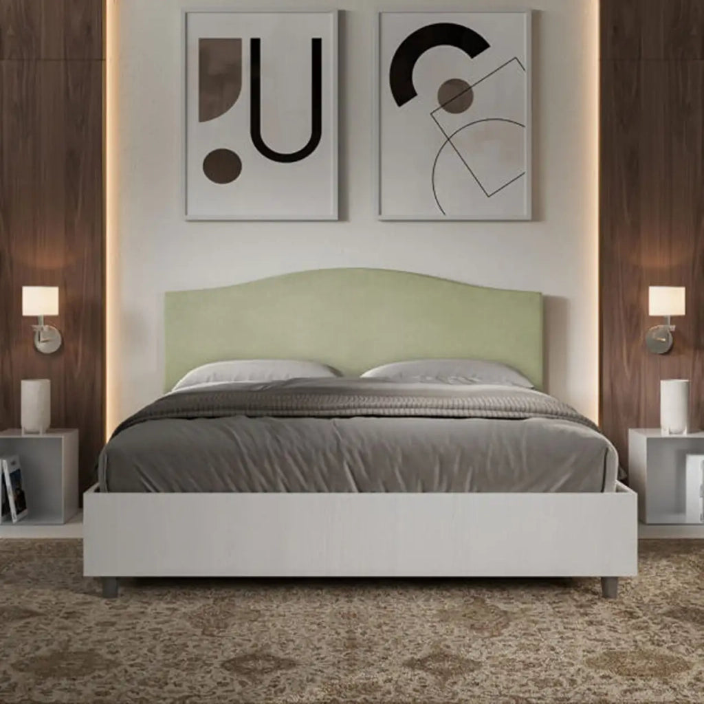 Letto matrimoniale contenitore 160x190 bianco frassino testata microfibra tè verde Grace