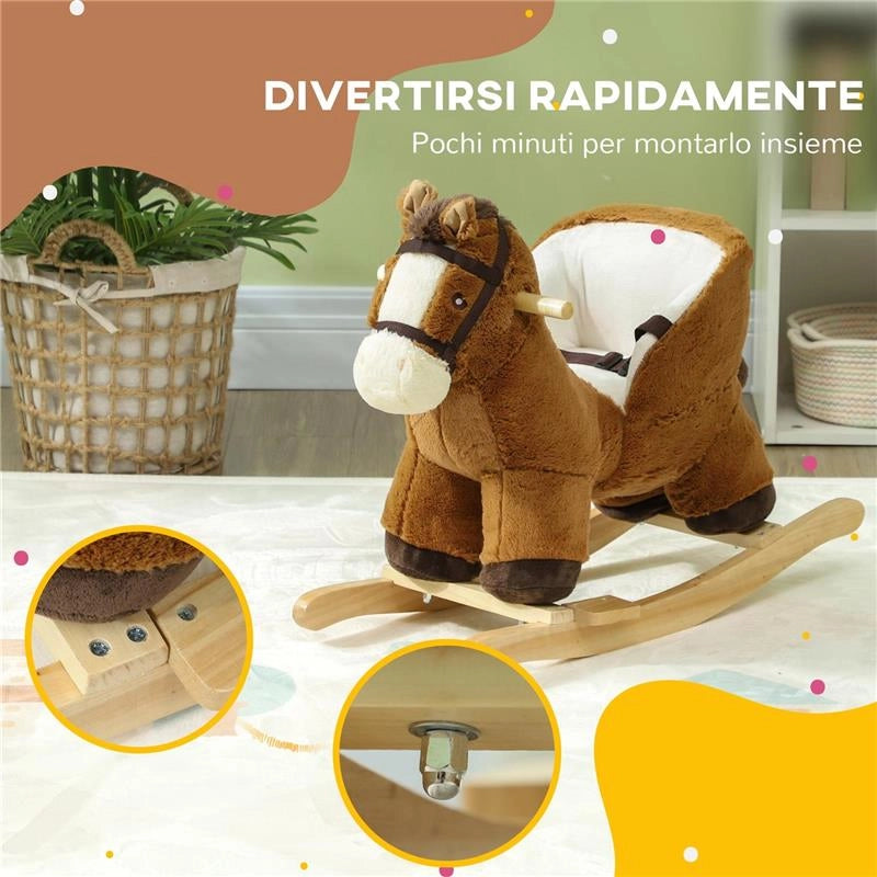 CAVALLO A DONDOLO PER BAMBINI 18-36 MESI CON SUONI BASE IN LEGNO E CINTURA DI SICUREZZA 68X33X45 CM MARRONE