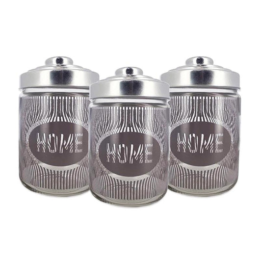 SET 3 BARATTOLI DUNE IN VETRO CON FANTASIA E SCRITTA HOME COLORE GRIGIO CON TAPPO 800 CC