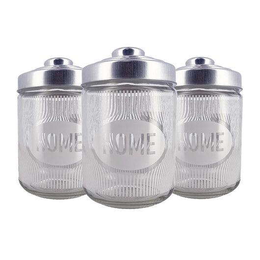 SET 3 BARATTOLI DUNE IN VETRO CON FANTASIA E SCRITTA HOME IN COLORAZIONE BEIGE CON TAPPO 800 CC