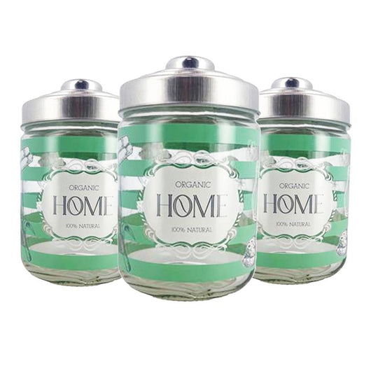SET 3 BARATTOLI HOME IN VETRO CON FANTASIA E SCRITTA HOME IN COLORAZIONE VERDE CON TAPPO 800 CC