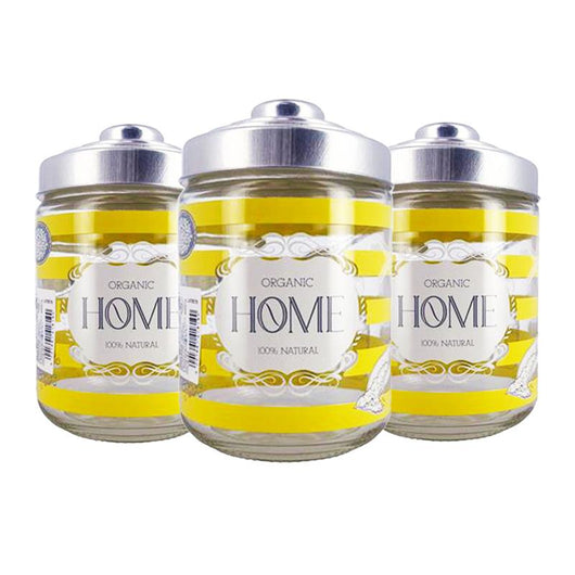 SET 3 BARATTOLI HOME IN VETRO CON FANTASIA E SCRITTA HOME IN COLORAZIONE GIALLA CON TAPPO 800CC