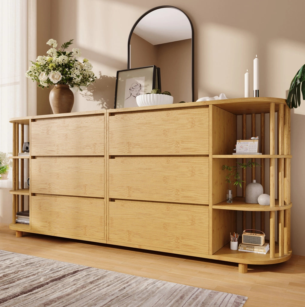 Credenza 160x40x75 cm in MDF e bambù effetto rovere， 6 cassetti e ripiani aperti