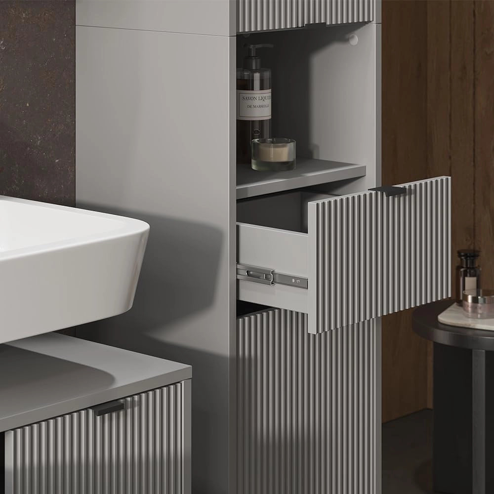 Armadio per il bagno Eliza, Grigio, 40 x 190 cm con ante e cassetto, per la conservazione di accessori da bagno e combinabile con la serie Eliza