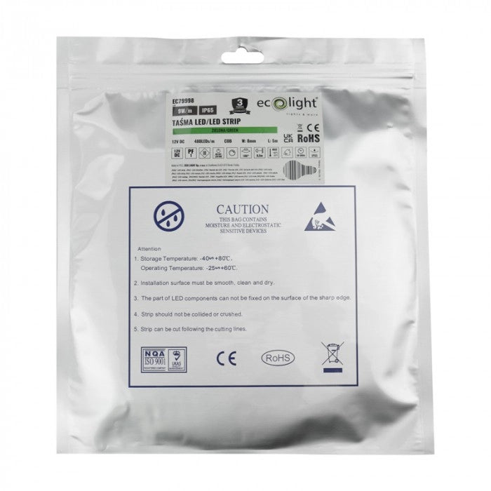 Striscia LED COB 480 9W/m verde 12V IP65 5m dimmerabile