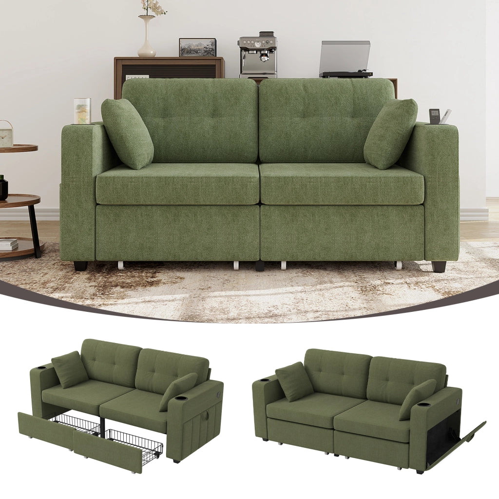 Canapé a due posti con cassetti portaoggetti, porte USB e portabicchieri in chenille oliva 172 × 75 × 82 cm