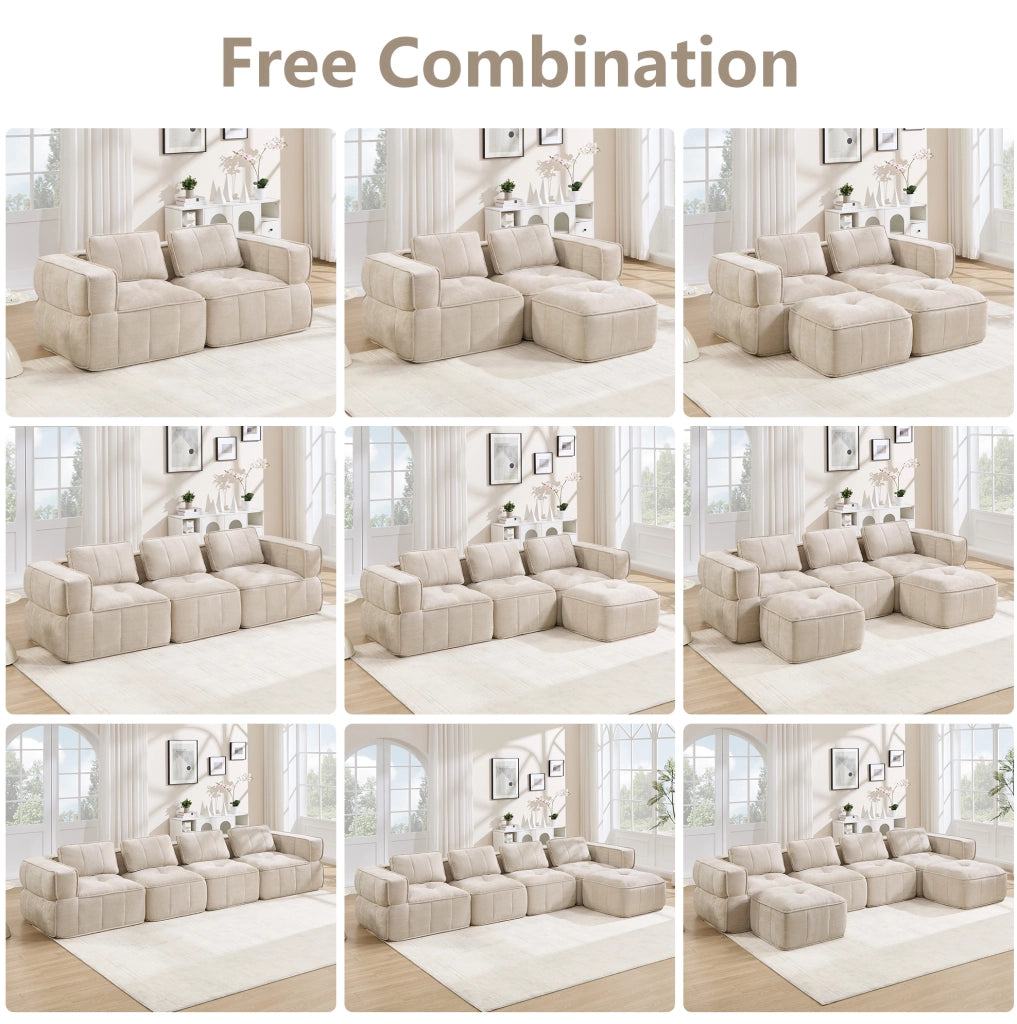 Divano modulare angolare ULEVR 3 posti con pouf, design senza telaio e seduta profonda, beige