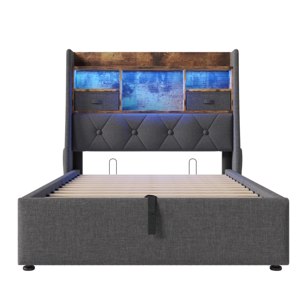 Letto singolo 90x200 cm contenitore con LED; USB C e tessuto lino grigio