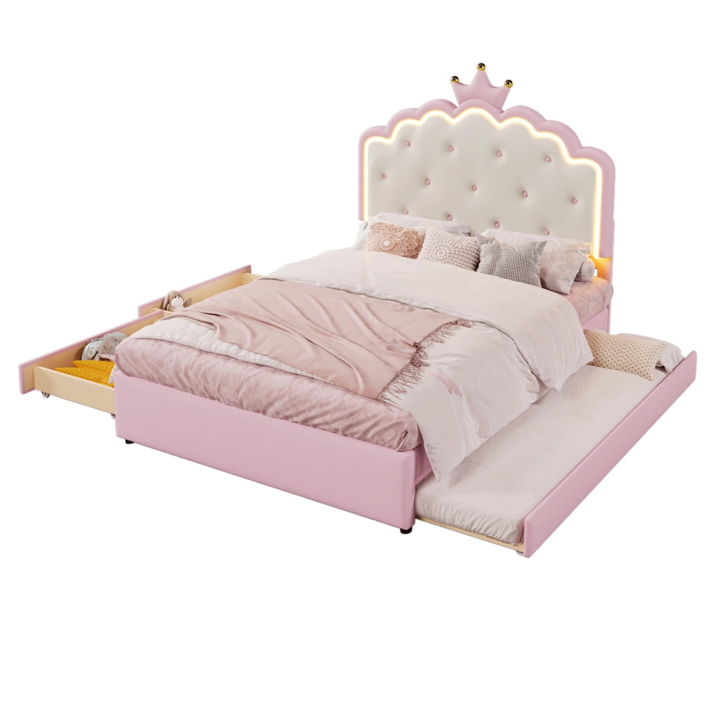 Letto per bambini imbottito 140x200 cm in PU rosa, con rete a doghe, letto estraibile, 2 cassetti e LED