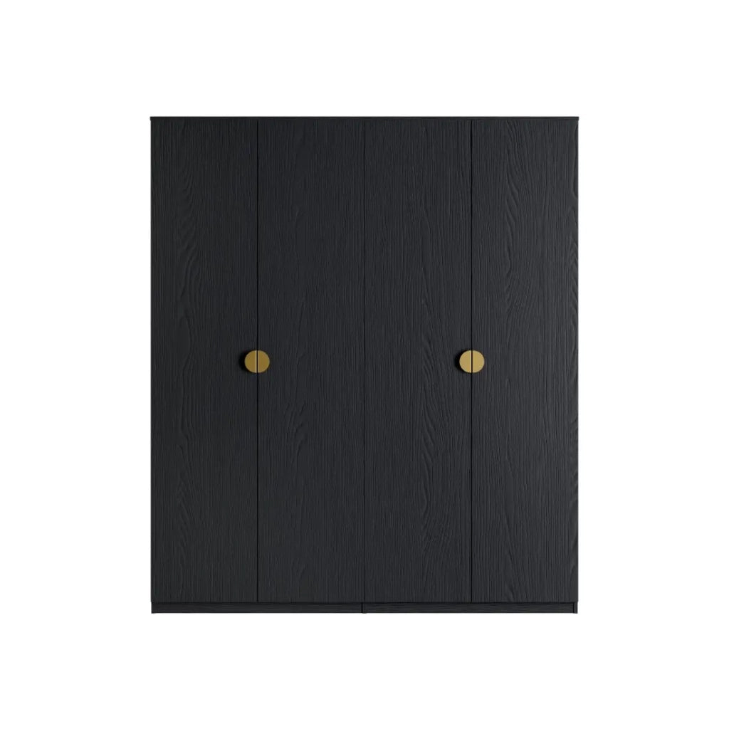 Armadio 4 porte nero strutturato e dorato – 2 appendiabiti + 4 scaffali – Collezione MONDO