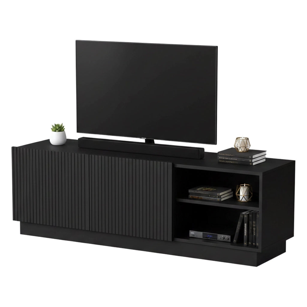 Mobile porta TV Finita, Madia da salotto con due ante battenti, Design minimal e moderno, 150x40 h48 cm, Nero