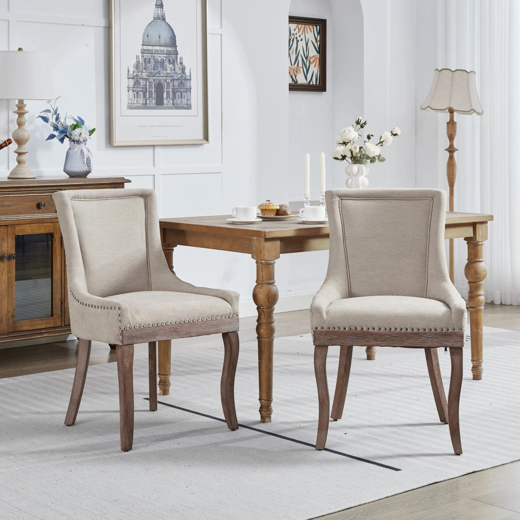 Sedie da Pranzo Imbottite in Tessuto ¨C MINIMAL ¨C Set 2 Pezzi, Gambe in Legno, Beige