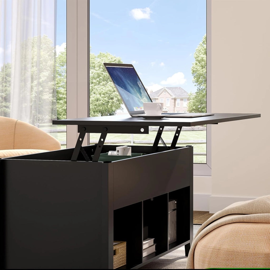 Tavolo da caffè con spazio nascosto e sollevabile, tavolo da pranzo e salone, con 3 spazi divisi, 104 x 49 x 48/62,5 cm per soggiorno e sala da pranzo (nero)