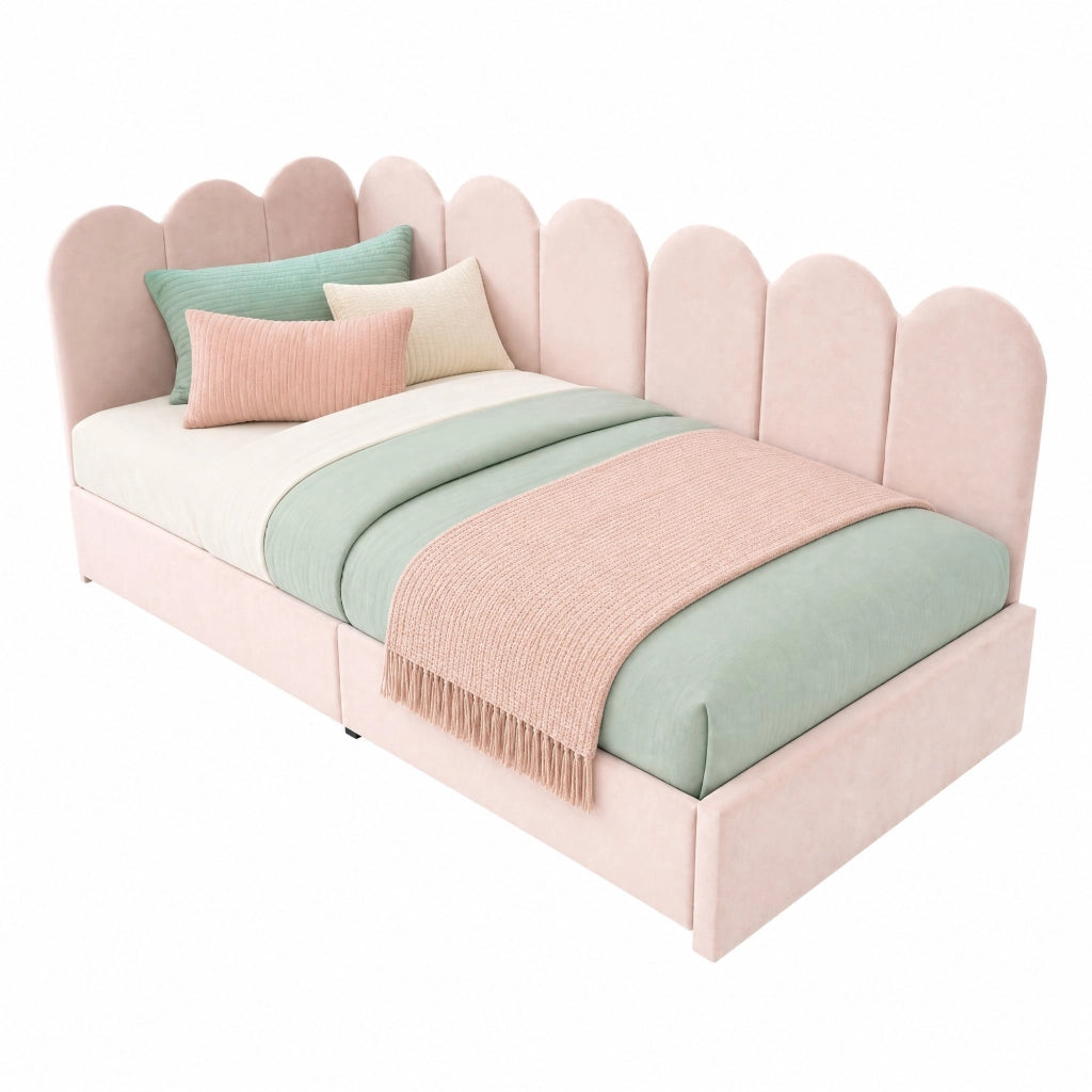 Letto singolo imbottito in velluto rosa con 2 cassetti, rete a doghe, 90x200 cm