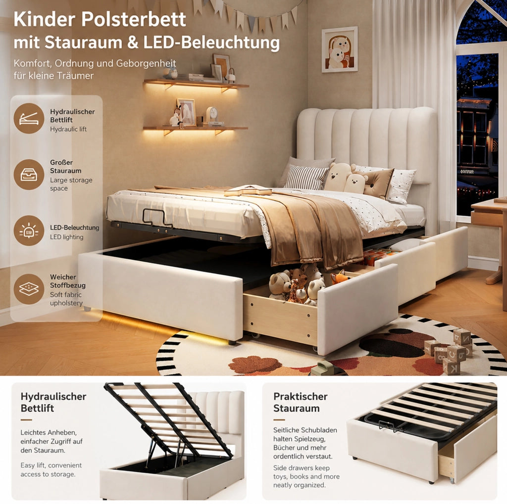 Letto imbottito per bambini 90x200 cm con contenitore, cassetti e LED