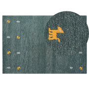 Tappeto Gabbeh in lana verde 140 x 200 cm, trapuntato a mano con motivi animali occidentali e design rustico
